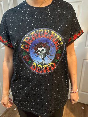 Grateful Dead Upcycled Band Tee with Rhinestones and Floral Ribbon Trim Sleeve